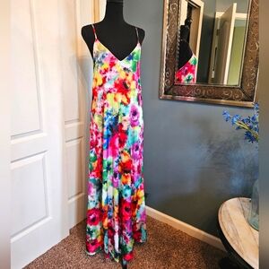 NWT Nicole Miller Watercolor Floral Satin Print Maxi Dress Sz XL